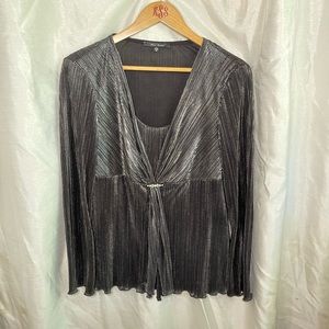 y2k Black Silver Metallic Ribbed Lettuce Hem V-Neck Long Sleeve Blouse Top
